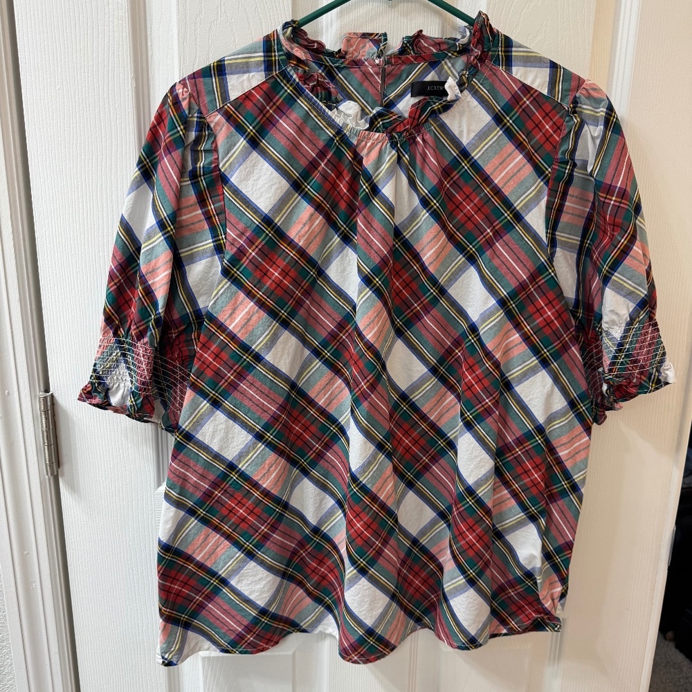J.Crew Plaid Ruffle Neck Puff Sleeve Top XL – 100% Cotton Holiday Tartan